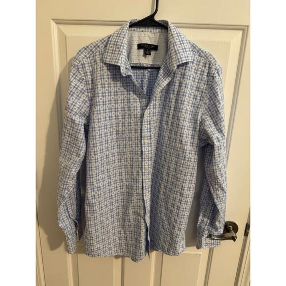 Pronto Uomo Mens 100% Cotton Button Down Long Sleeve Blue White Checkered L